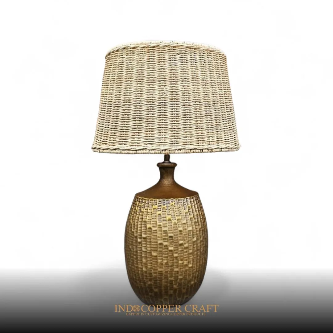 Brass Table Lamp with Rattan Shade